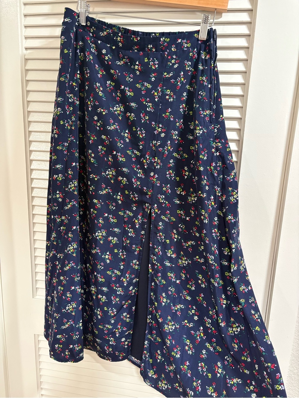 Lulu's Navy Floral A-Line Midi Skirt with Front Slit